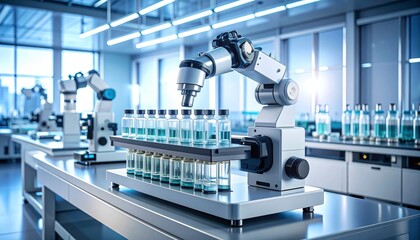 Automated robotic system checking vaccine vial quality under microscope in clean lab with warm white and teal lighting.