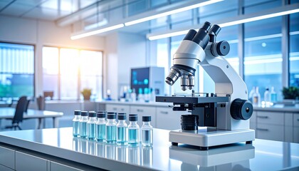 Automated robotic system checking vaccine vial quality under microscope in clean lab with warm white and teal lighting.