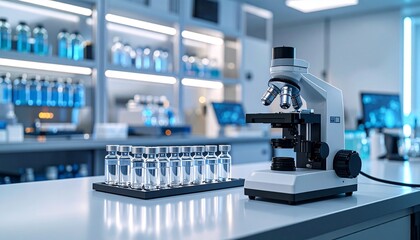 Automated robotic system checking vaccine vial quality under microscope in clean lab with warm white and teal lighting.