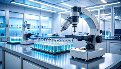 Automated robotic system checking vaccine vial quality under microscope in clean lab with warm white and teal lighting.