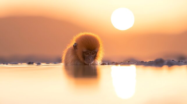 Baby Monkey Drinking Water at Sunrise