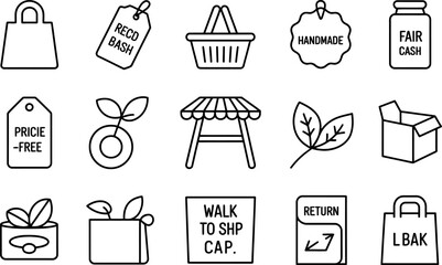 Black and white shopping icons including basket leaves tags and boxes