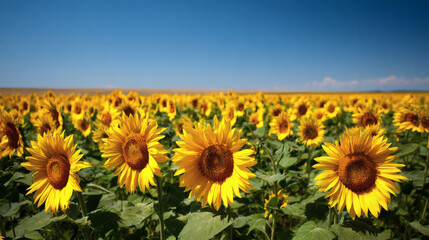 Fototapeta premium A beautiful sunflower field under a bright, clear blue sky during summer.