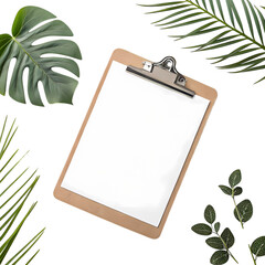 Blank Clipboard Surrounded by Lush Tropical Foliage isolated on transparent background