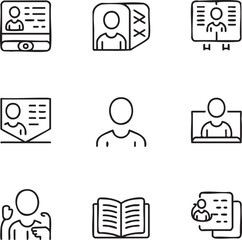 A set of nine minimalist line art icons depicting people and documents icon set graphic