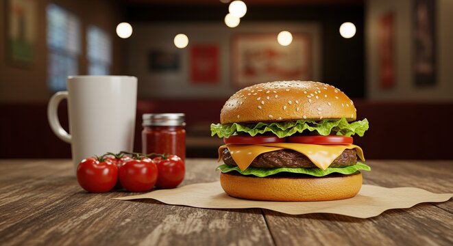 A perfectly crafted hamburger with melted cheese, crisp lettuce, and juicy tomatoes, accompanied by a white coffee mug and fresh tomatoes on a wooden table