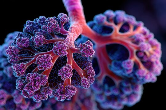 Lung Diagram: 3D Illustration Showing Human Lung Alveoli with Background of Bronchial Artery