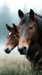 Naklejka premium Two horses in a misty field at dawn under soft morning light showcasing their calm demeanor and natural beauty