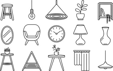 Outlined Interior Objects Stool Lamp Chair Mirror Clock Plant