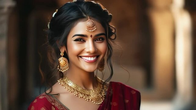 An Indian lady's portrait beautifully features her sari attire