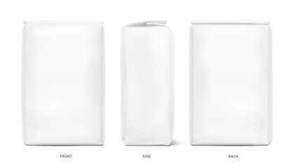 Naklejka na ściany i meble High realistic vertical bag mockup. Front, side and back side views. Vector illustration. Ready for use in presentation, promo, advertising and more. EPS10.