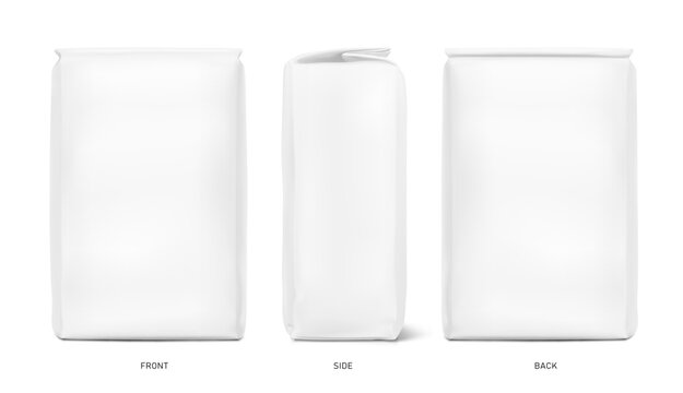 High realistic vertical bag mockup. Front, side and back side views. Vector illustration. Ready for use in presentation, promo, advertising and more. EPS10.