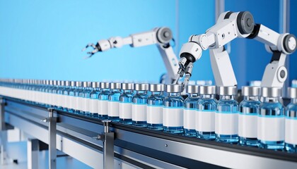 Multiple robotic arms sorting vaccine vials by batch code in blue industrial space, wide panoramic view with left-side copy space.