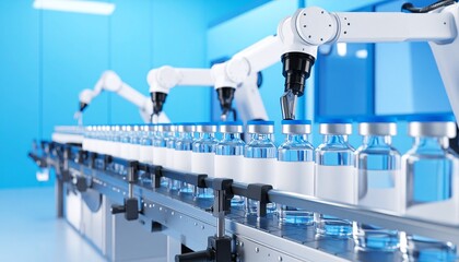 Multiple robotic arms sorting vaccine vials by batch code in blue industrial space, wide panoramic view with left-side copy space.
