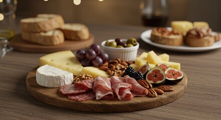 A delightful charcuterie board overflowing with an assortment of cheeses, cured meats, fresh fruits like grapes and figs, crunchy nuts, and crusty bread, perfect for any gathering