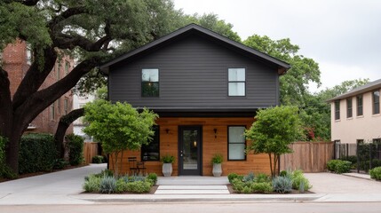 Fototapeta premium Modern Home Exterior with Black Facade and Wooden Accents Surrounded by Green Trees and Contemporary Landscaping