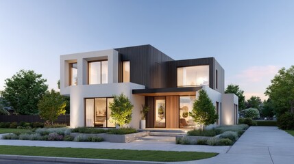 Fototapeta premium Modern architectural design of a stylish house with large windows and landscaped garden under a clear blue sky