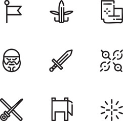 Black and white line art icon set featuring medieval and abstract elements flag pennant