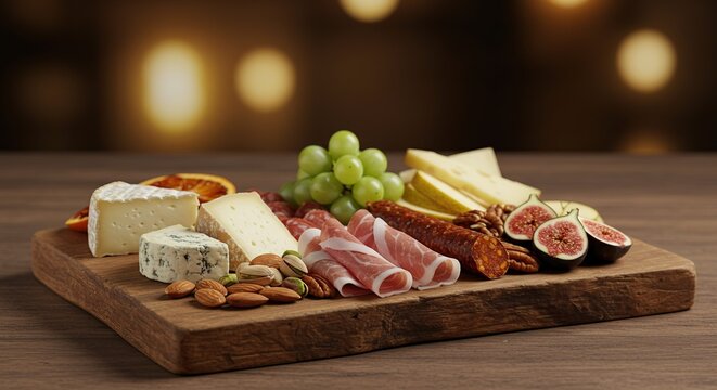 An exquisite charcuterie board featuring a variety of cheeses, cured meats, grapes, figs, nuts, and dried orange slices, ideal for sophisticated entertaining