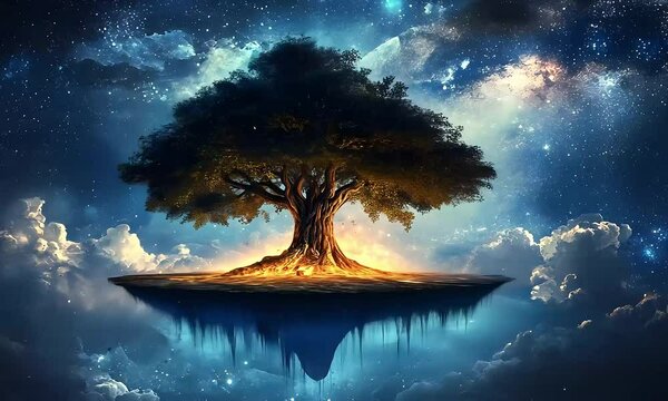 Mystical Tree of Life Rooted in an Enigmatic Floating Island Paradise