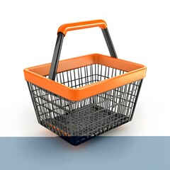 Empty shopping basket with orange handle and black frame.