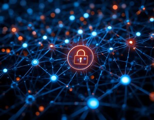 Photo conceptual image of interconnected blockchain nodes, glowing secure connections, dark digital background
