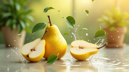 Whole and sliced green pears on floor with warm light