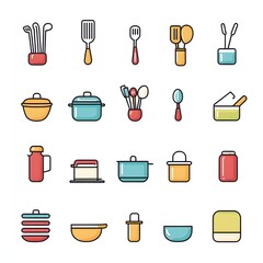 Colorful kitchenware icons set.