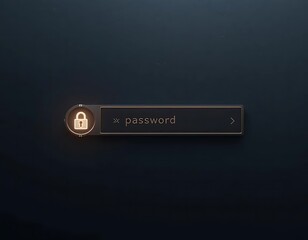 Minimal photo realistic scene of password input field with glowing lock icon, dark background, high tech style, clean composition

