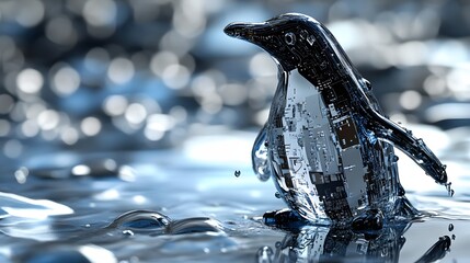 A digitally rendered penguin figurine, formed from water and circuit board.