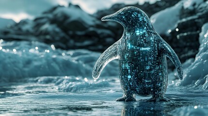 Futuristic penguin standing on icy terrain.