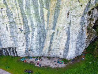 Drone view at rock climbing site of Engelberg in the Swiss alps