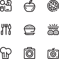 Black outline icon set featuring food drink camera chef hat and skin care symbols vector