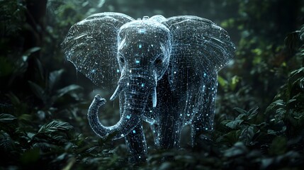 Digital representation of an elephant in a lush forest.