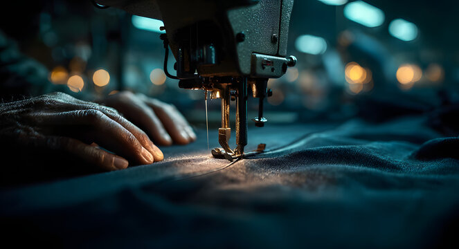 Hands guiding dark fabric through industrial sewing machine in clothing factory. Textile manufacturing process for garment production supporting fashion industry and consumer goods sectors