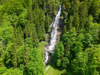 Drone view at the waterfall of Engelberg in the Swiss alps