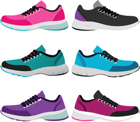 Set of colorful modern sneakers. Vector illustration of running shoes for sports and fitness.
