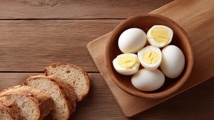 Fresh Boiled Eggs in a Wooden Bowl Alongside Slices of Rustic Bread on a Wooden Surface