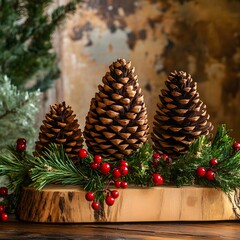 Rustic Christmas Decor Pine Cones Wooden Slice Arrangement