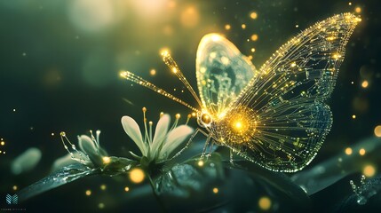 A luminous butterfly rests amongst glowing wildflowers.