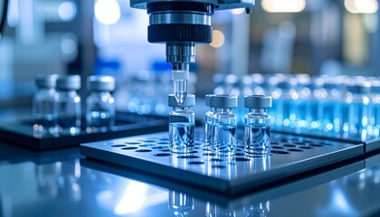 Robotic pipette extracting vaccine liquid into tray, cool sterile lab scene with reflections and soft blur, macro 3D render.