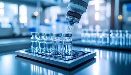 Robotic pipette extracting vaccine liquid into tray, cool sterile lab scene with reflections and soft blur, macro 3D render.