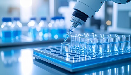 Robotic pipette extracting vaccine liquid into tray, cool sterile lab scene with reflections and soft blur, macro 3D render.