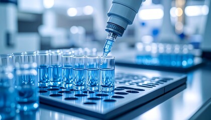 Robotic pipette extracting vaccine liquid into tray, cool sterile lab scene with reflections and soft blur, macro 3D render.