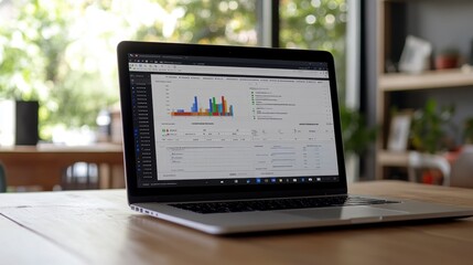 Laptop displaying data analytics charts and graphs on a wooden desk in a cafe.