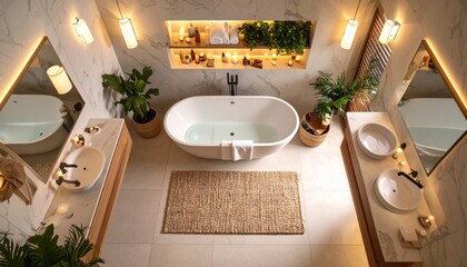 Luxurious Spa Bathroom: Serene Oasis with Bathtub, Candles, and Plants.