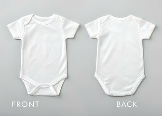 Front and back view of a plain white short sleeve baby bodysuit on a gray background
