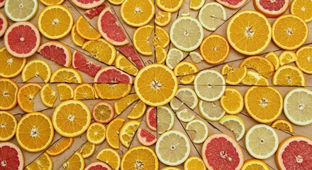 A vibrant overhead view of a colorful assortment of sliced citrus fruits, including oranges, lemons, and grapefruits, arranged in a captivating pattern on a wooden surface