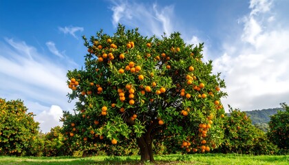 Lush orange orchard under a vibrant sky