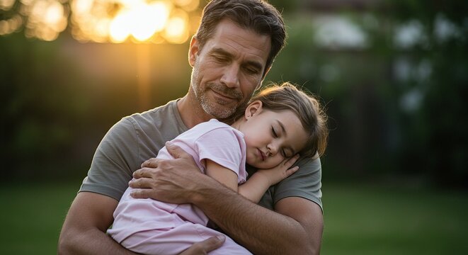 A father lovingly cradles his sleeping daughter in the soft sunset light.